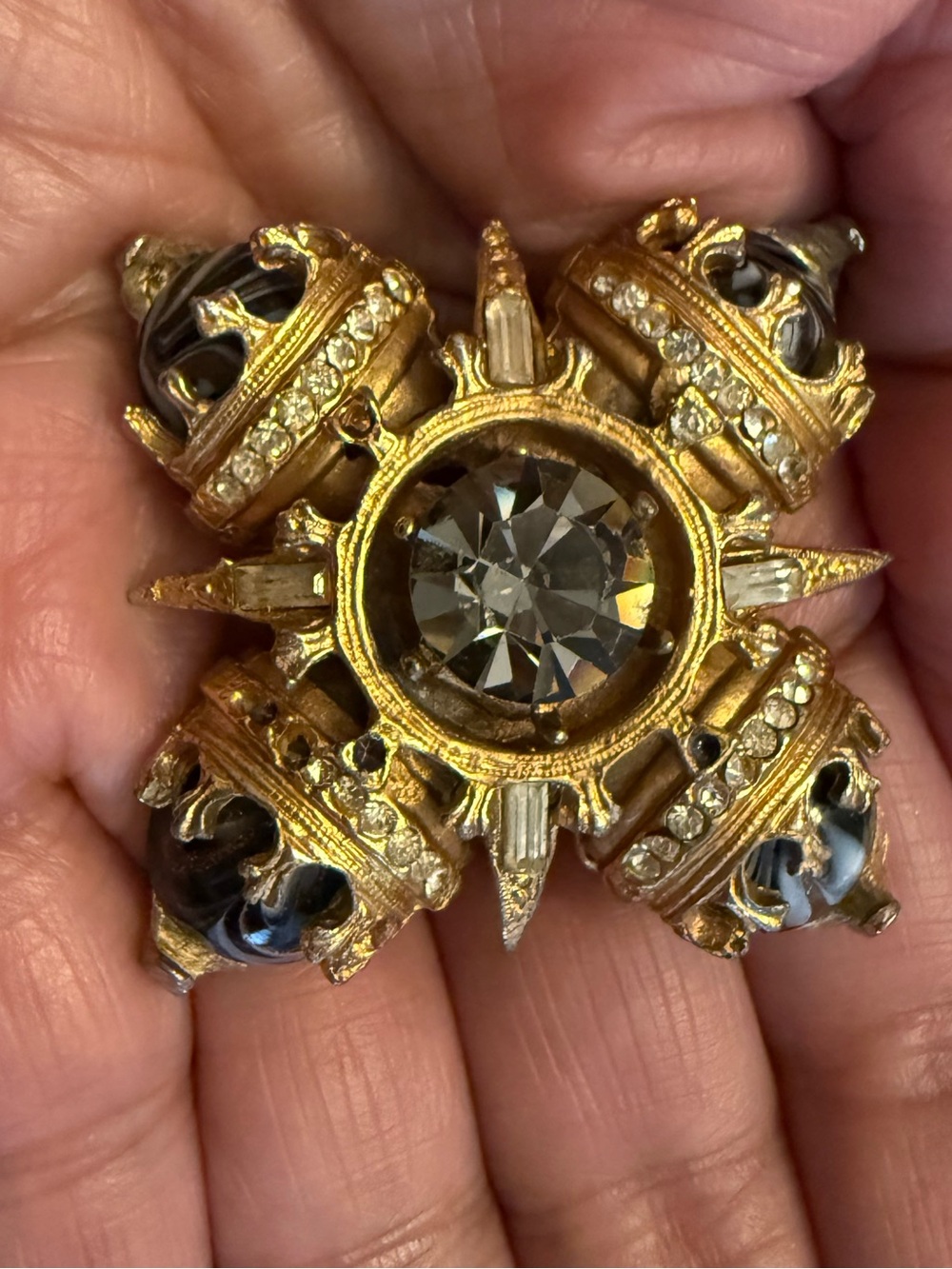 Vintage Maltese Cross Gold-Tone Crystal Statement Brooch